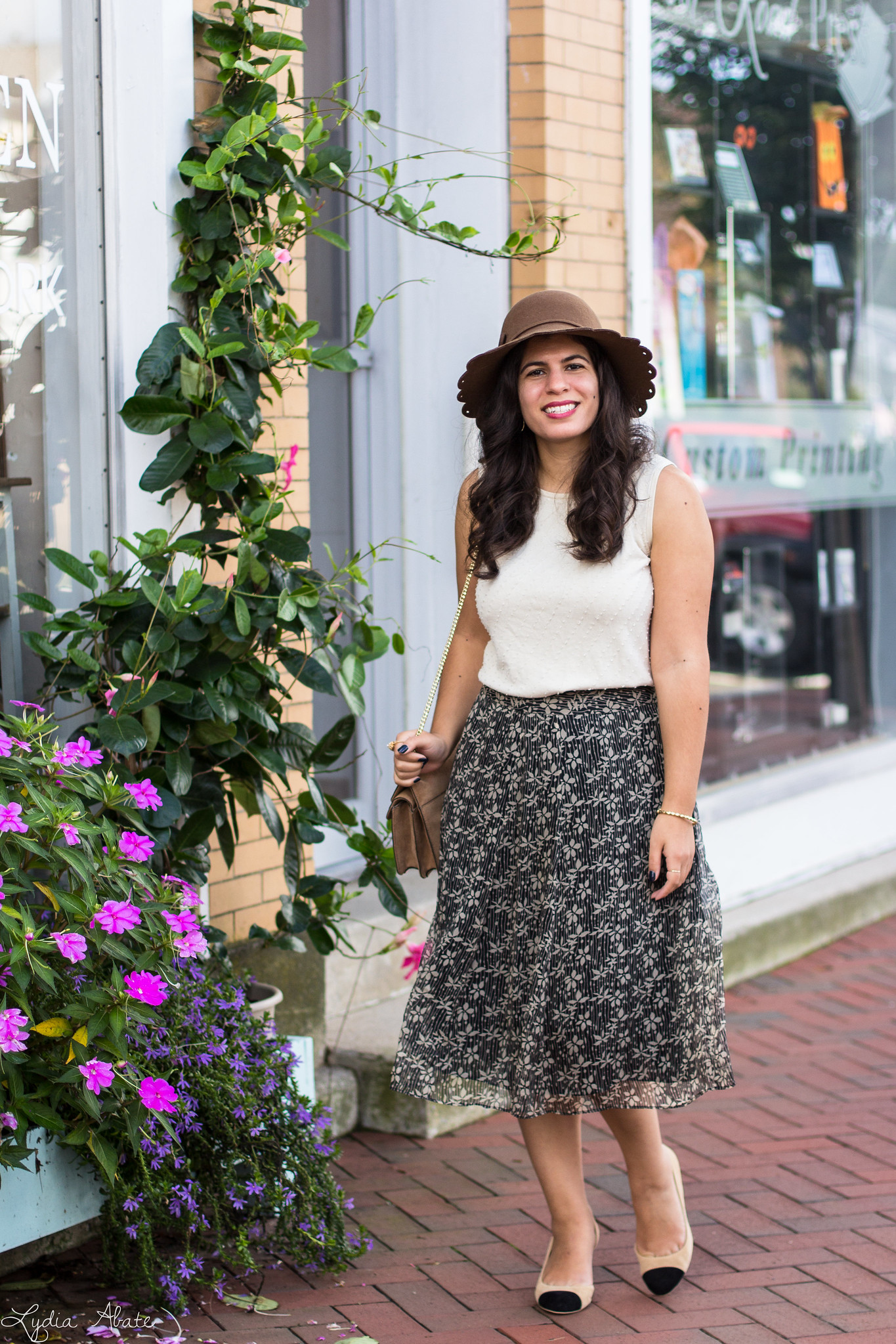 beaded silk shell, brown floral print skirt, toe cap heels, scalloped felt hat-1.jpg