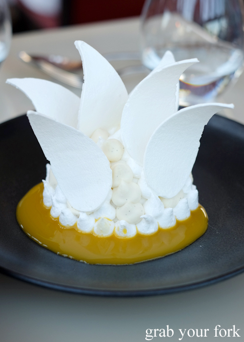 Pavlova with passionfruit sauce at Bennelong Restaurant in the Sydney Opera House