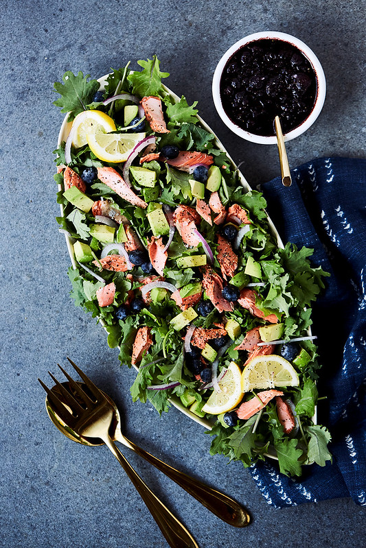 Kale Salad with Roasted Salmon and Warm Blueberry Balsamic Vinaigrette {Paleo, Keto, Gluten-free}