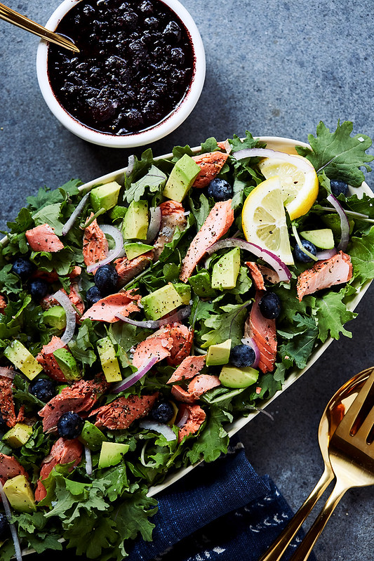 Kale Salad with Roasted Salmon and Warm Blueberry Balsamic Vinaigrette {Paleo, Keto, Gluten-free}