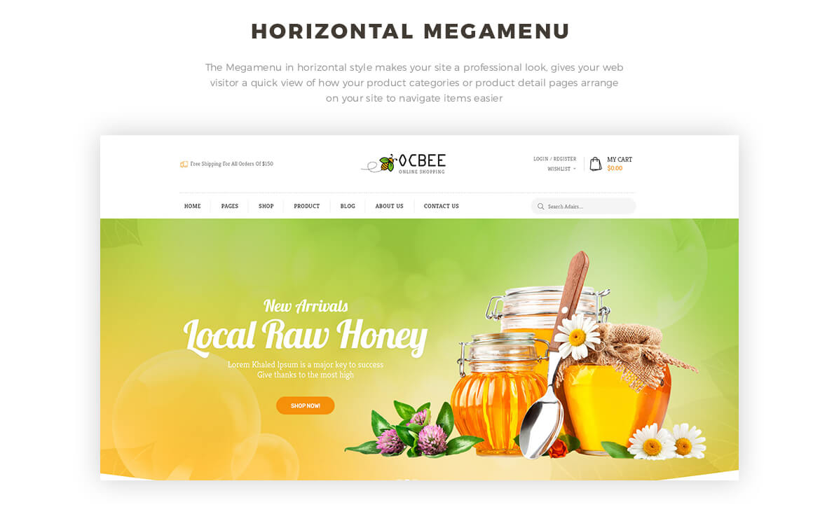 horizontal mege menu -Bos Ocbee prestashop 1.7 theme - honey, food, beauty store