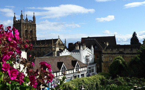 malvern worcestershire priory s2y blue couds buildings flowers roofs panasonic lumix white abbeyarchway view