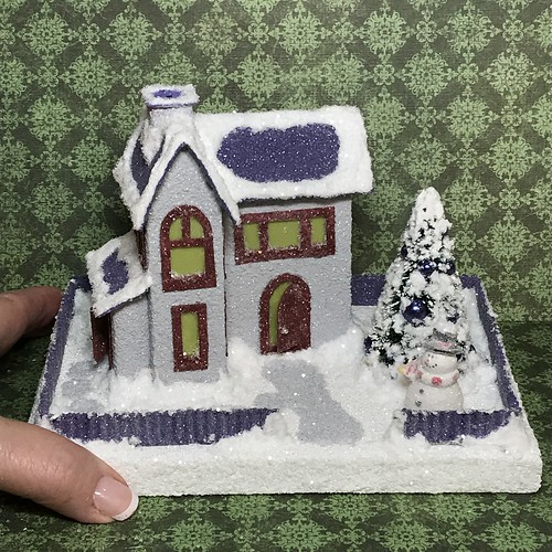 Grey and purple Putz house with snowman