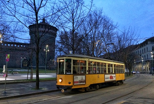 milan italy transport tram street castle city cityscape dawn sunrise february 2016 castello sforzesco lombardy