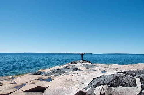 Lake Superior Park-Linda on rocks at point