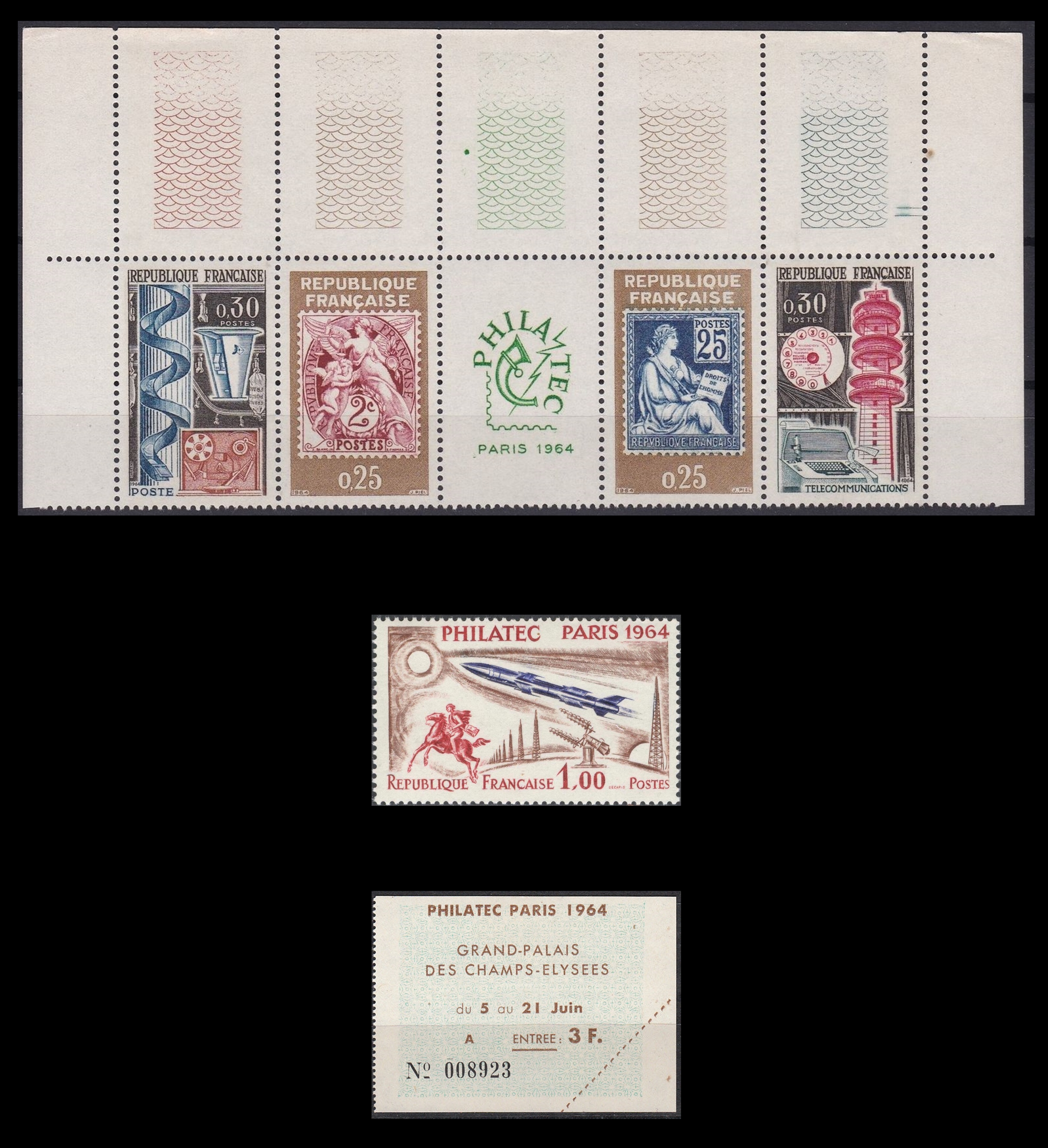 France - Scott #1085-1088 (1964) and Scott #1100 (1964), released for the PHILATEC stamp exhibition, plus a ticket to the event. Each copy of Scott #1100 purchased included a 3-franc ticket in the price.