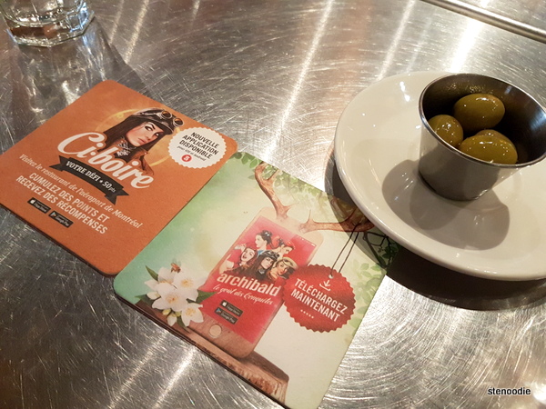 Archibald Microbrasserie coasters and olives