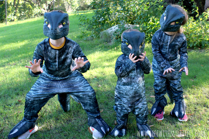 These Jurassic World family Halloween costumes are amazing! Owen, Claire, and the raptor pack! Such a fun idea, and it includes links to where she bought everything! If you're looking for Jurassic World costumes for your family, this is such a great resource!