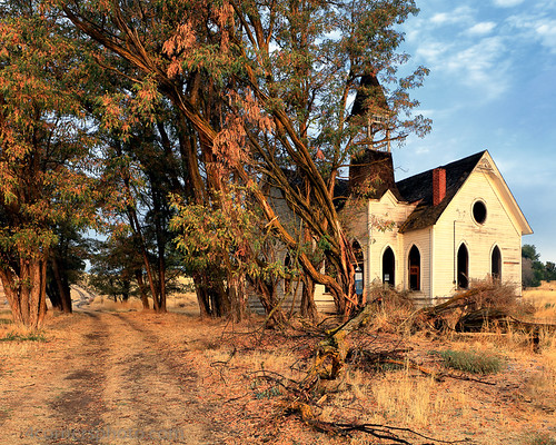 4cornersphoto abandoned architecture autumn building church clouds color driveway fall grassvalley methodist morning northamerica oregon outdoor road rural shermancounty sky steeple structure sunrise tree unitedstates vintage window wood us