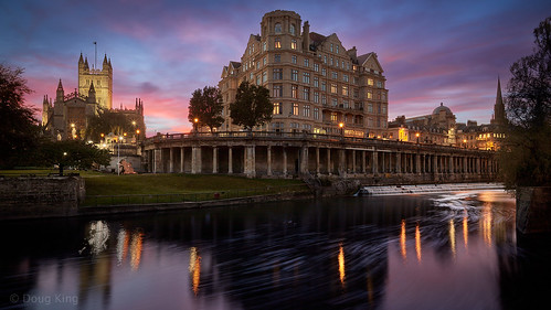 bath empire hotel abbey pulteney weir blue hour river water sunset reflection sky