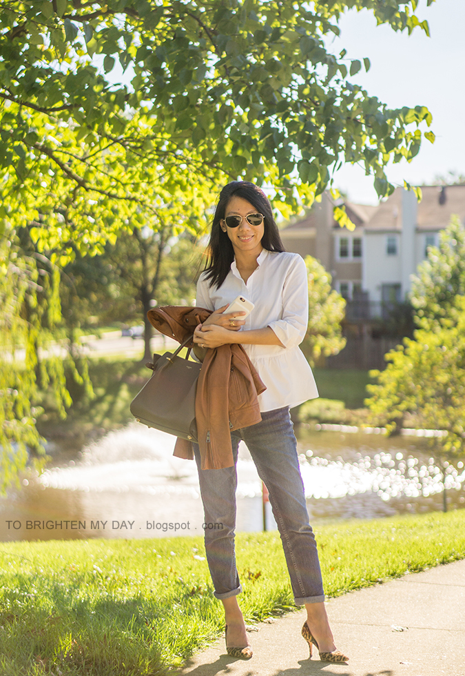 white peplum button up shirt, cognac brown leather jacket, girlfriend jeans, gray suede tote, leopard pumps