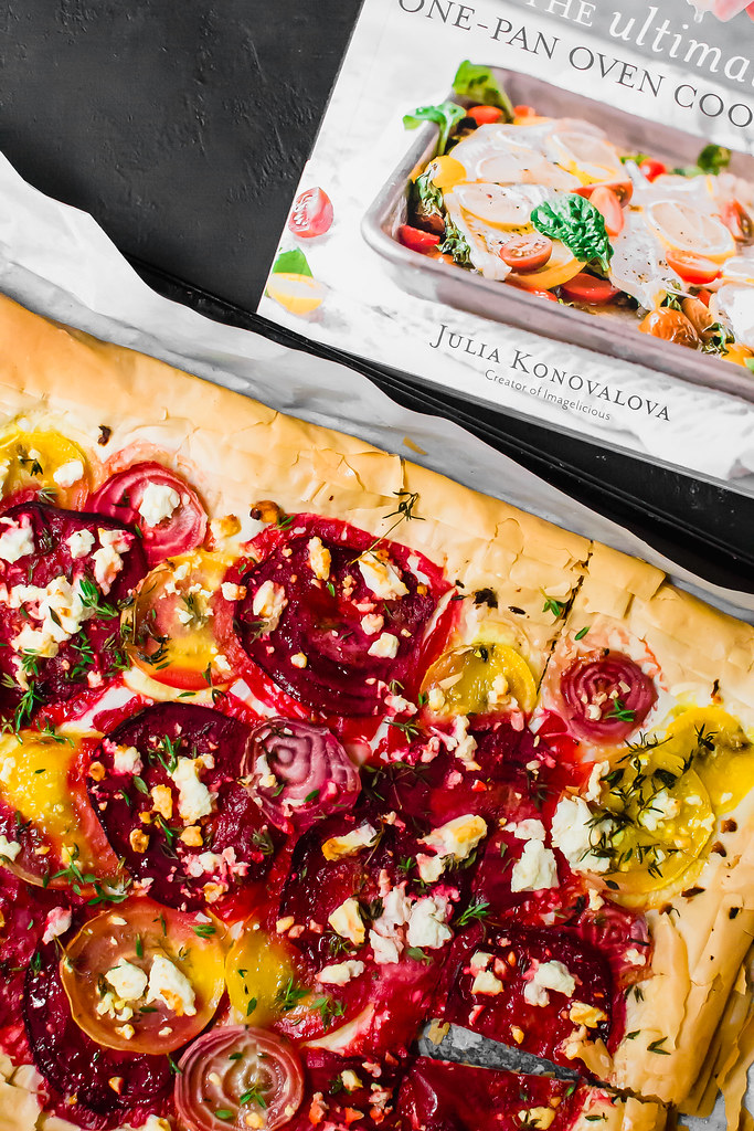 This colorful beet phyllo tart is an easy and impressive appetizer. Thinly sliced beets are layered on top of phyllo sheets and scattered with salty feta and fresh aromatic thyme.