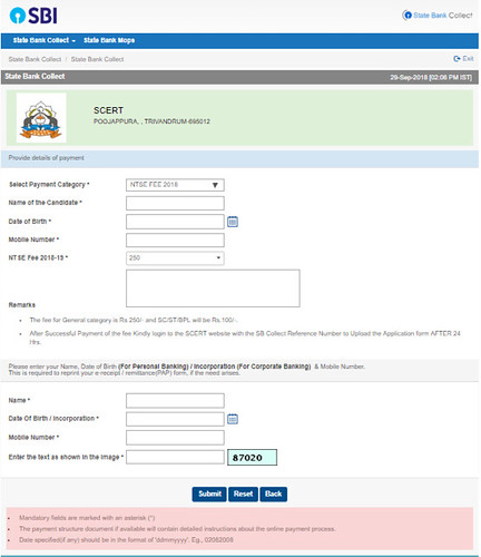 NTSE Kerala Application Fee Payment