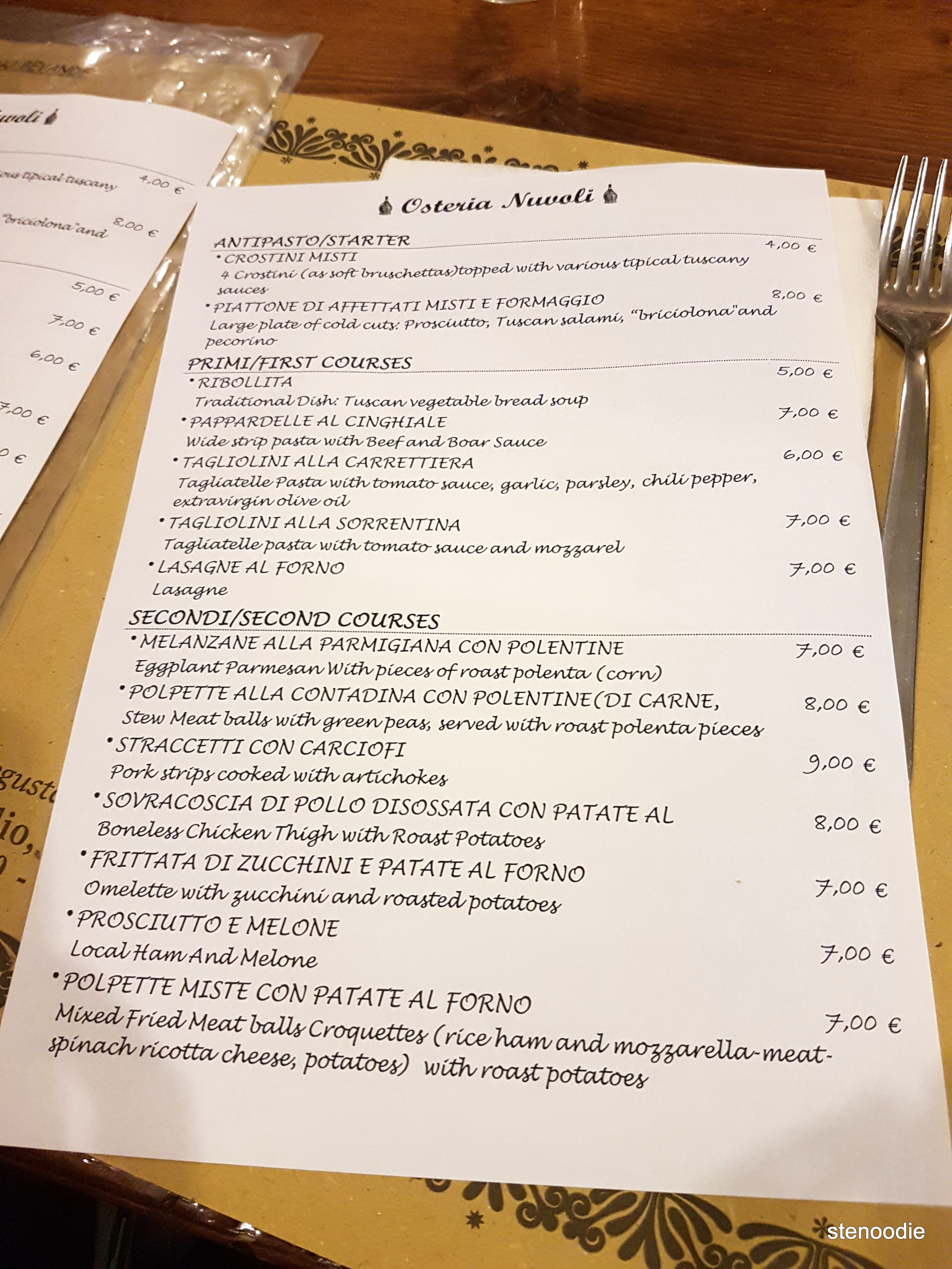 Fiaschetteria Osteria Nuvoli menu and prices
