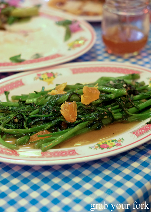 Cha bon ly preng kjong water spinach with oyster sauce and salted yolk at Kingdom of Rice in Mascot Sydney
