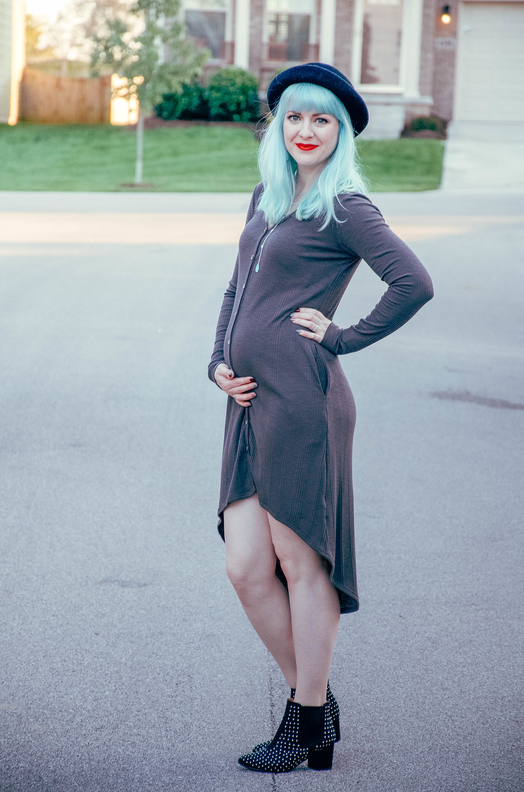 Charcoal Grey Ribbed Henley Hi-Low Maternity Dress | ThisLexing<a href=