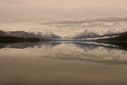 usa glacier national park montana water lake mountains sky clouds calm