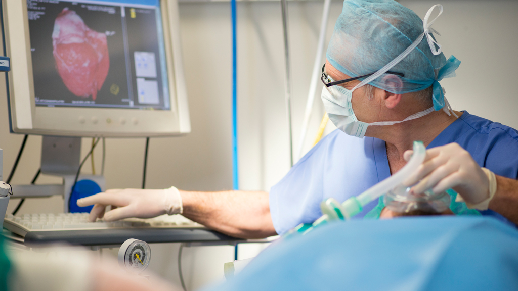 A surgeon operates on a heart failure patient