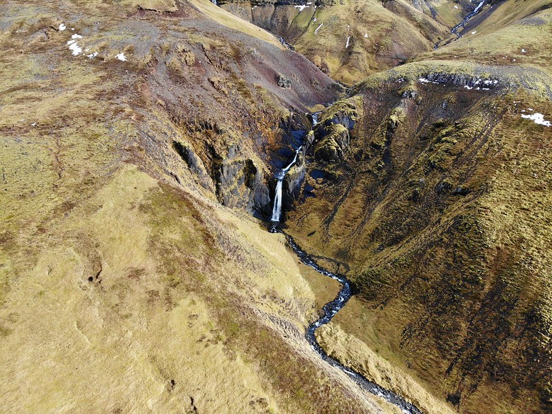 drone photo of a secret waterfall in Iceland