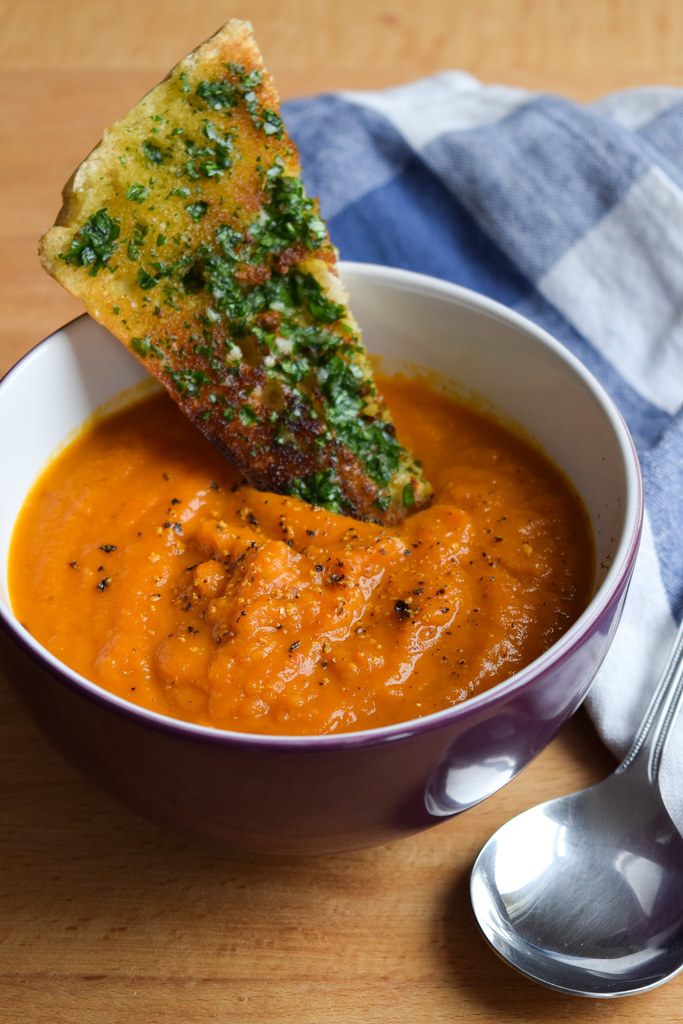 Slow Roasted Tomato and Butternut Squash Soup with Homemade Garlic Bread