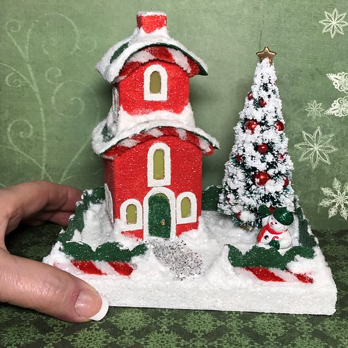 Red and Green 2-story Putz House with snowman