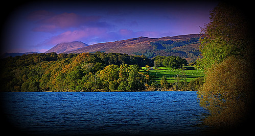 benlomond loch lomond balmaha scotland water lake ben rowardennan mountain hills road trees grass sheep pasture meadow sky clouds landscape art artwork