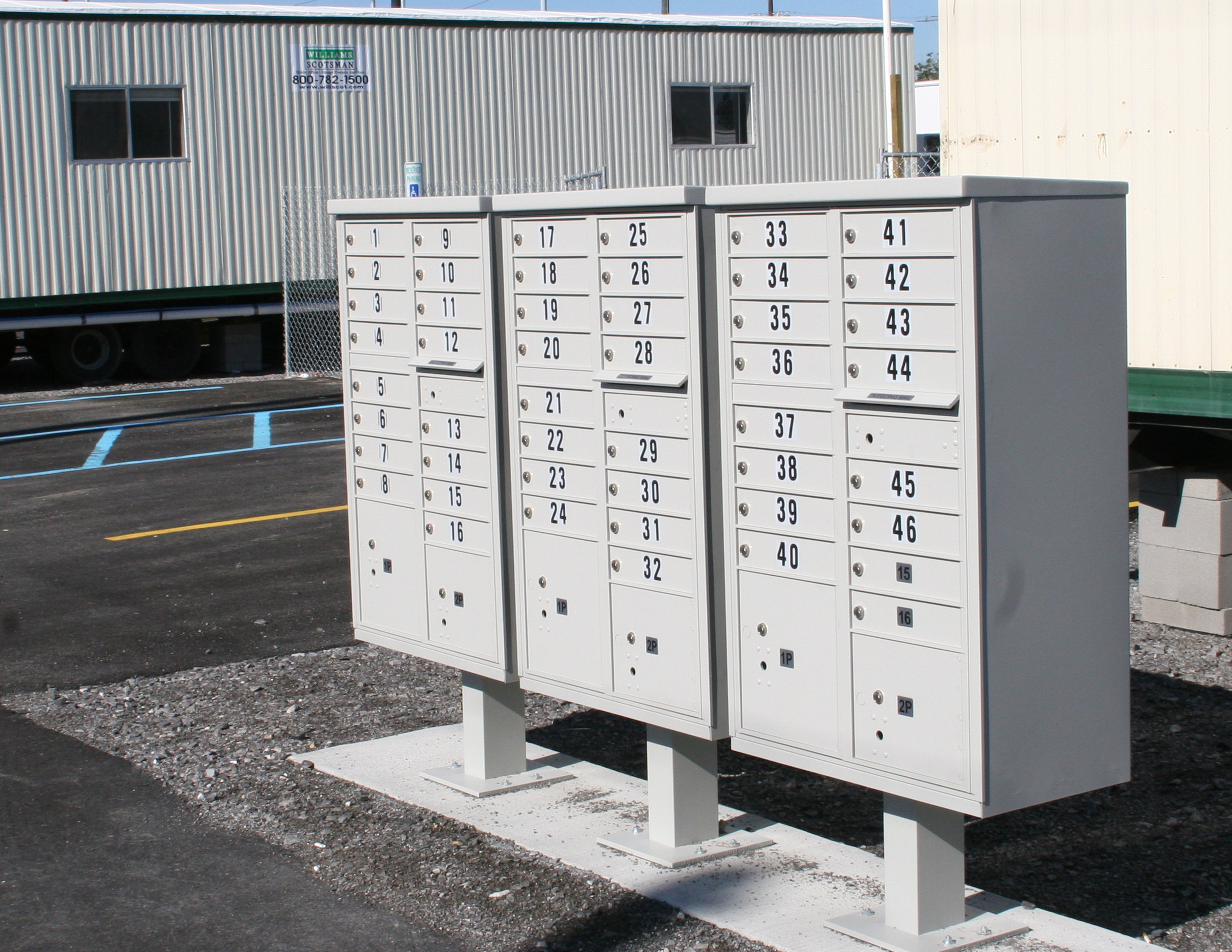A U.S. Postal Service CBU Mail Station in New Orleans, Louisiana. New Orleans, LA, December 20, 2005 - These mailboxes were set up for families living in temporary housing provided by the Federal Emergency Management Agency (FEMA) at a former baseball field following Hurricane Katrina. Photo taken by Robert Kaufmann on December 21, 2005.