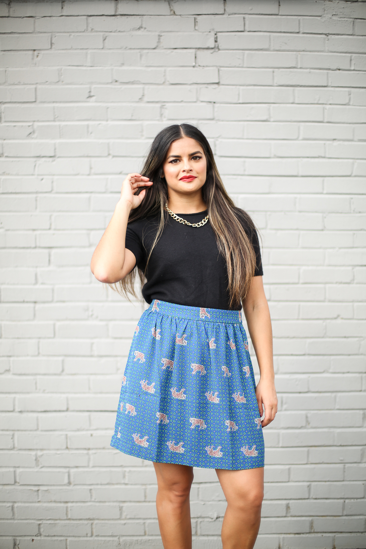 Priya the Blog, Nashville fashion blog, Nashville fashion blogger, Nashville style blog, Nashville style blogger, Fall outfit with graphic skirt, J.Crew tiger skirt, Zara block bow heels, wear to work outfit for Fall, how to wear a chunky gold chain necklace, J.Crew Factory tiger skirt, Fall office outfit, Fall fashion, Zara heels