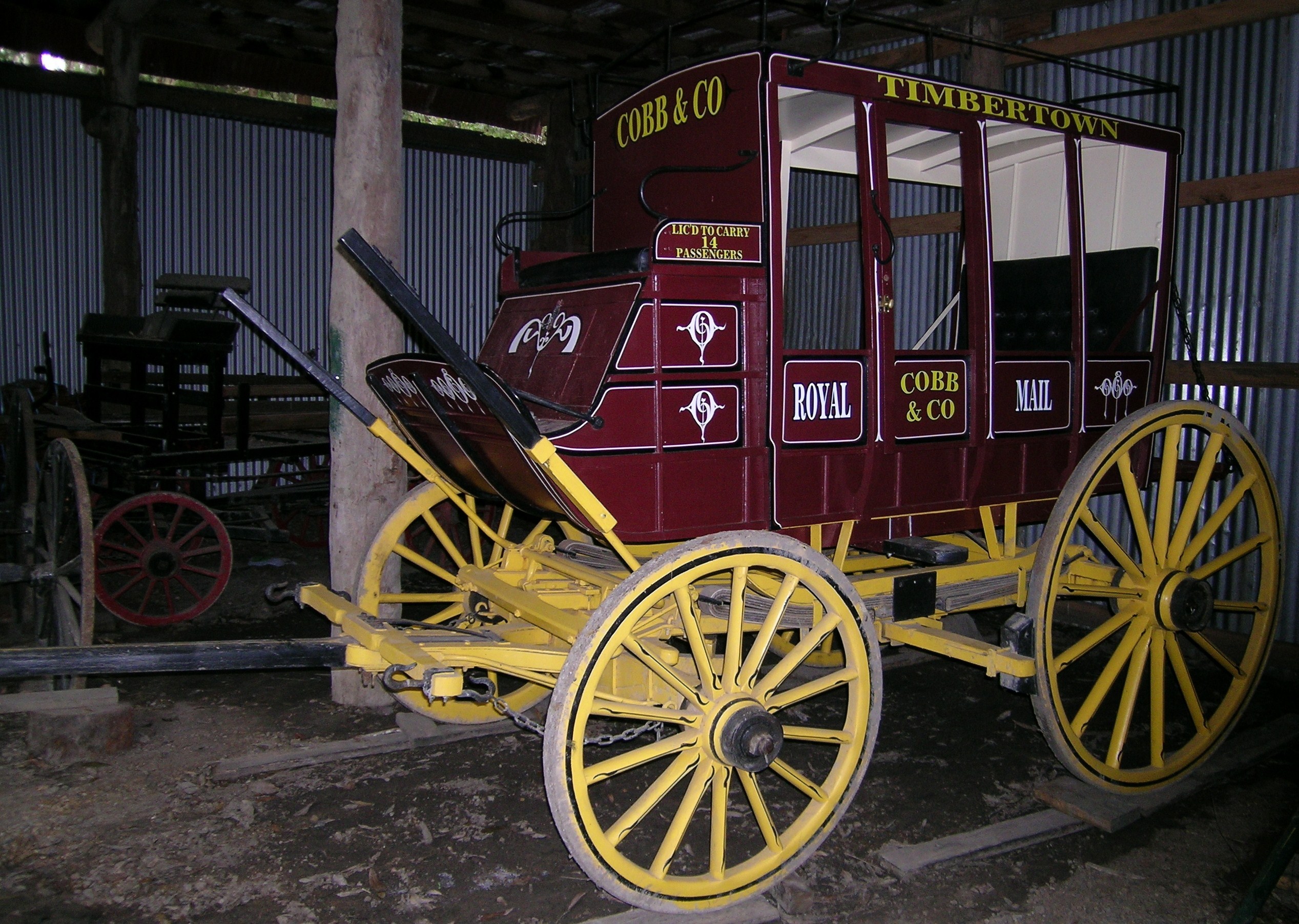 A preserved Cobb & Co Australian Royal Mail Coach with Concord mud-coach undercarriage. Photo taken at Timbertown, Wauchope, NSW Australia, on March 4, 2009.