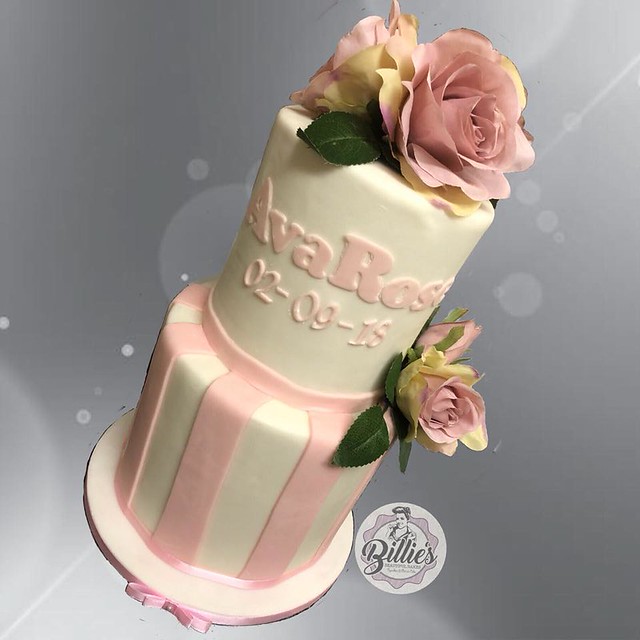 White & Pink Christening Cake With Silk Flowers by Billies Beautiful Bakes