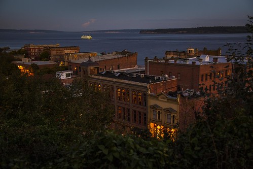 evening urban pugetsound ferry downtown victorian architecture tree sky sunset building city landscape water dusk
