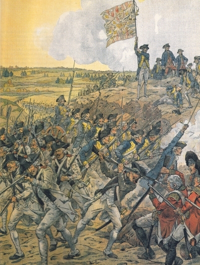 The French storming redoubt #9 during the Siege of Yorktown. Painting by Onfroy de Breville, 1900.